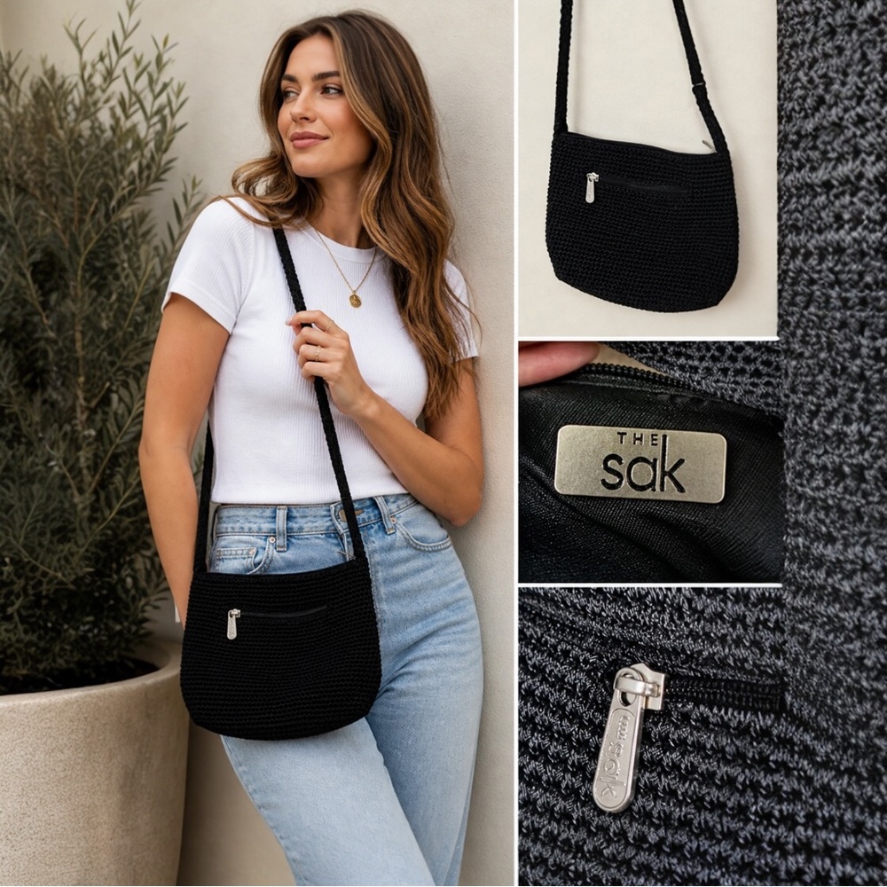 The Sak Black Crochet Knit Crossbody Bag Lumi Style Zippered